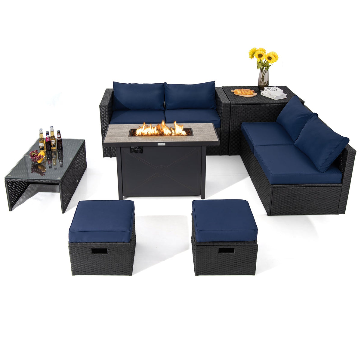 9-Piece PE Rattan Sectional Set with 42 in. Gas Fire Pit Table
