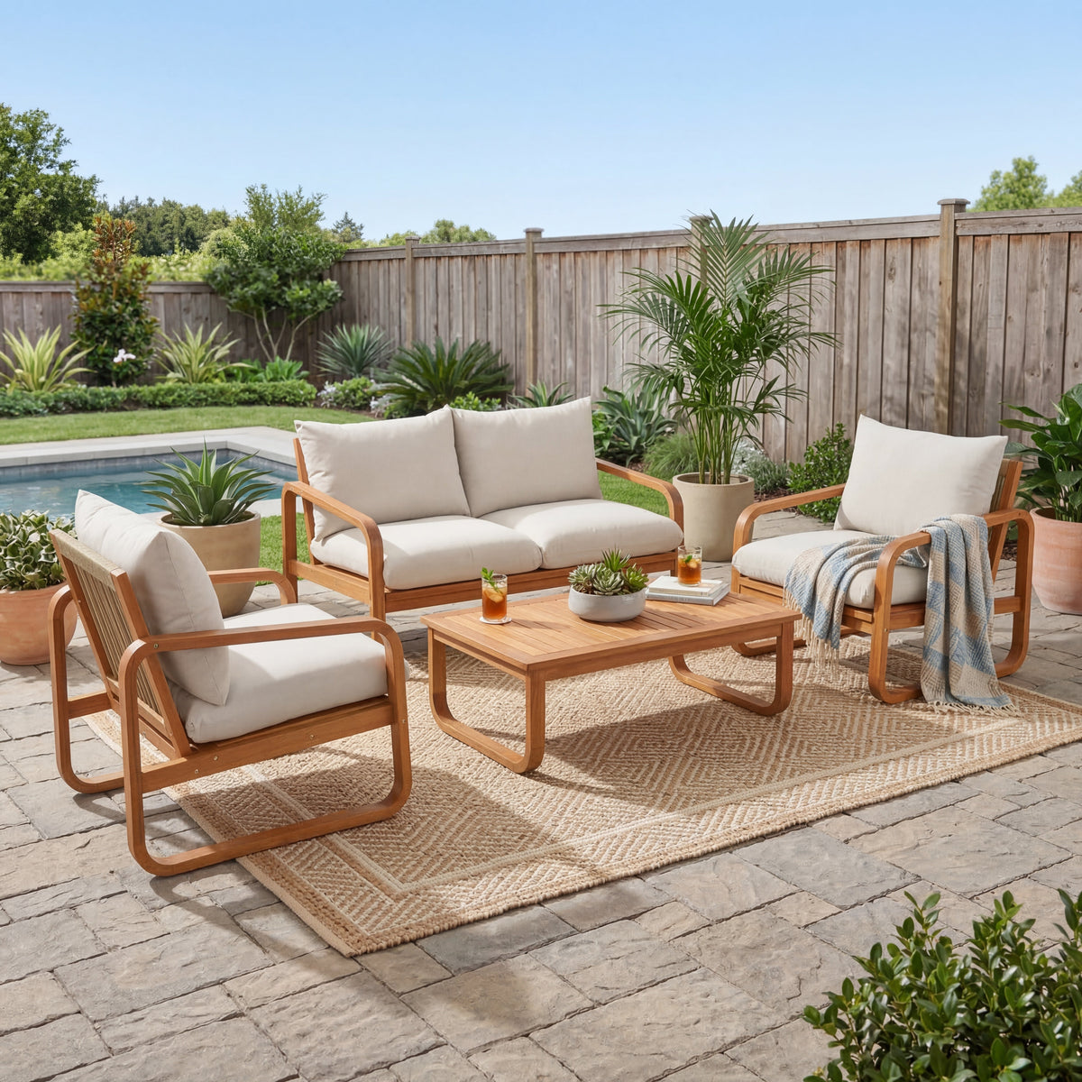 4-Piece Acacia Wood Patio Conversation Set with Cushions