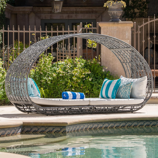 Outdoor Wicker Canopy Daybed with Water-Resistant Cushion