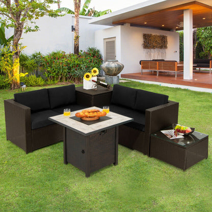 5-Piece PE Rattan Patio Set with 50,000 BTU Fire Pit