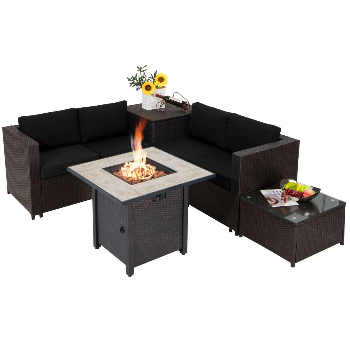 5-Piece PE Rattan Patio Set with 50,000 BTU Fire Pit
