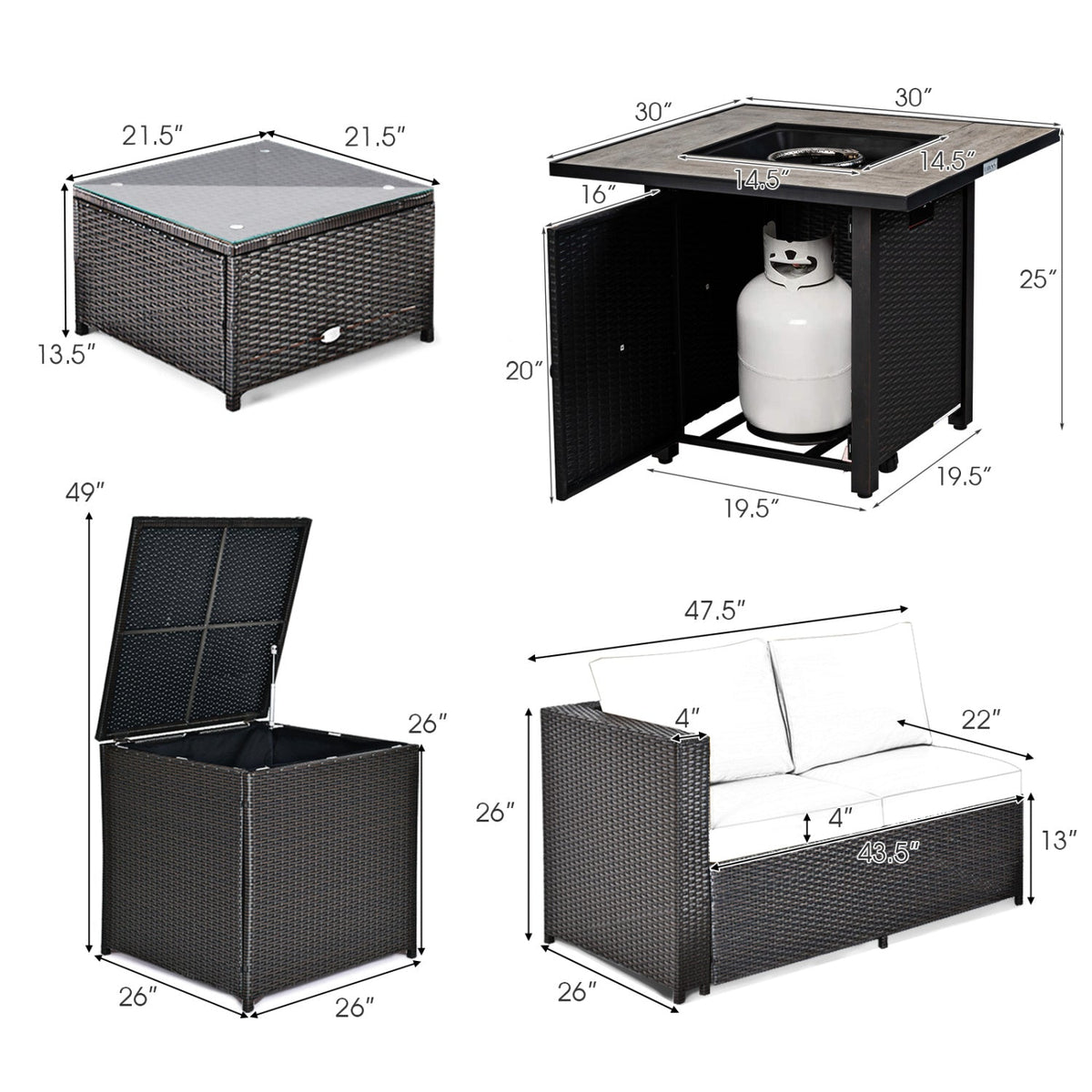 5-Piece PE Rattan Patio Set with 50,000 BTU Fire Pit