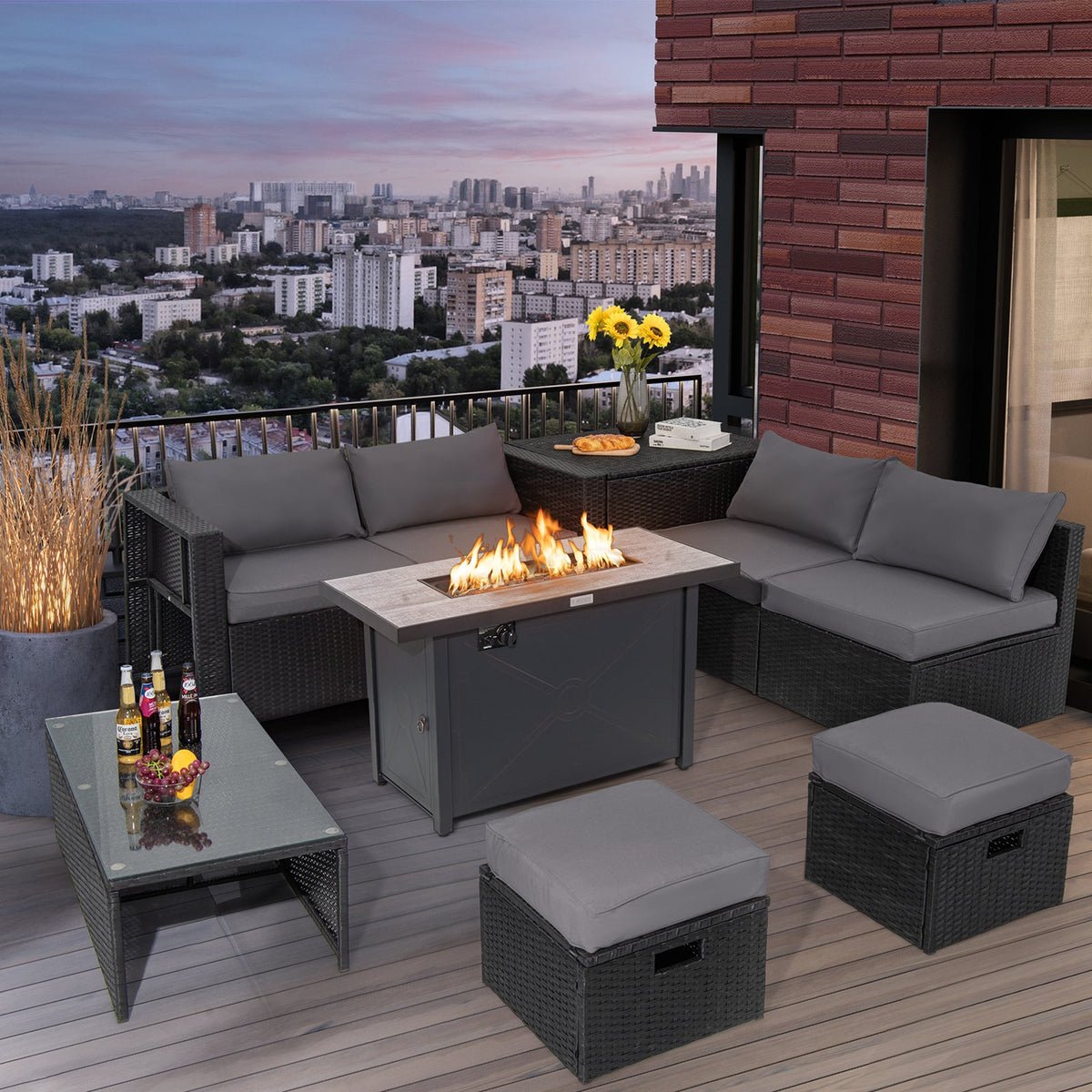 9-Piece PE Rattan Sectional Set with 42 in. Gas Fire Pit Table