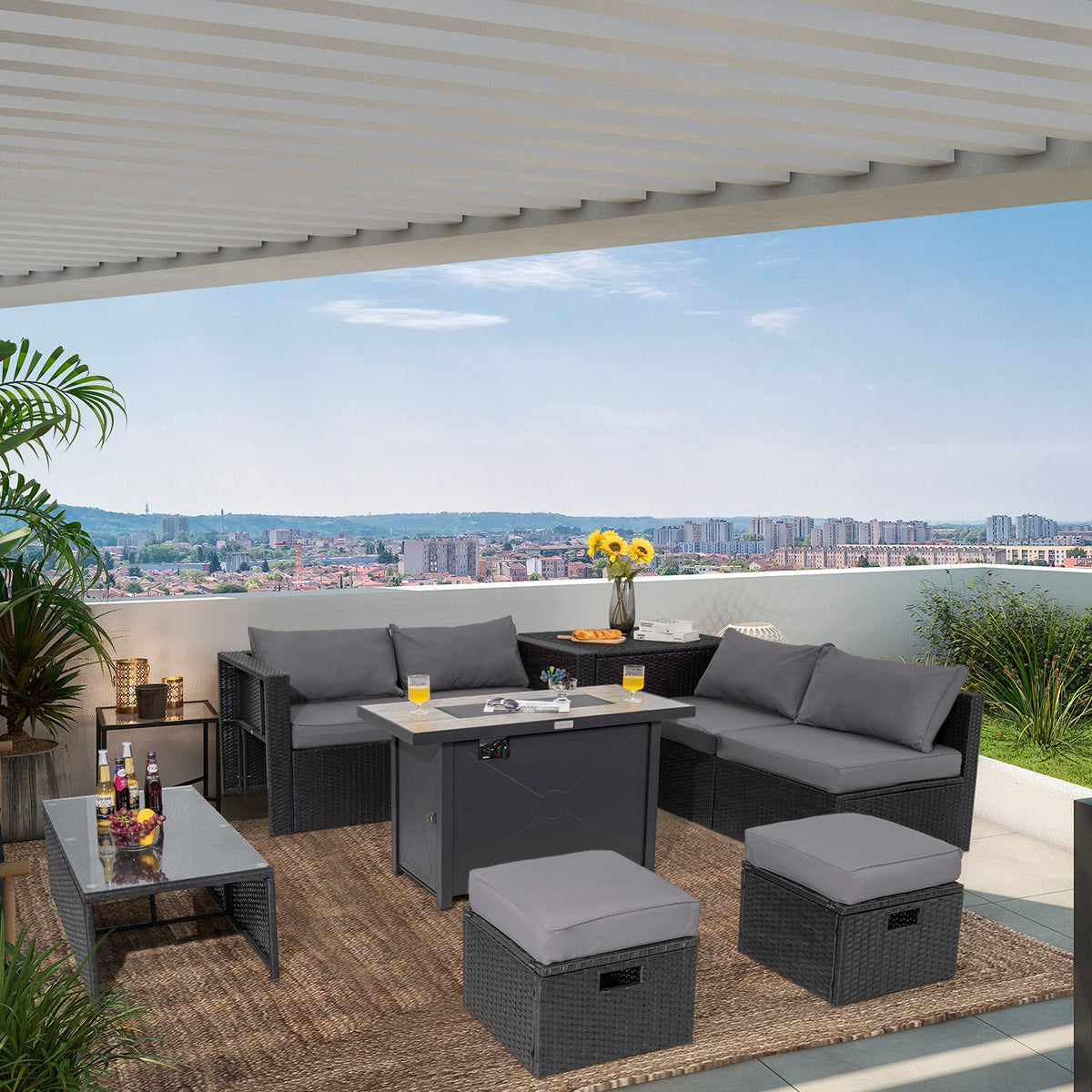 9-Piece PE Rattan Sectional Set with 42 in. Gas Fire Pit Table