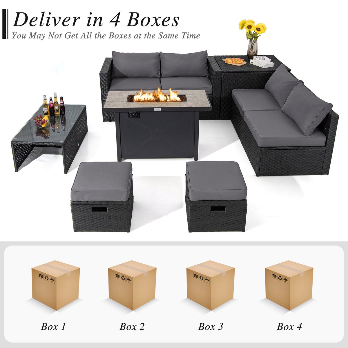 9-Piece PE Rattan Sectional Set with 42 in. Gas Fire Pit Table