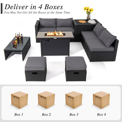9-Piece PE Rattan Sectional Set with 42 in. Gas Fire Pit Table