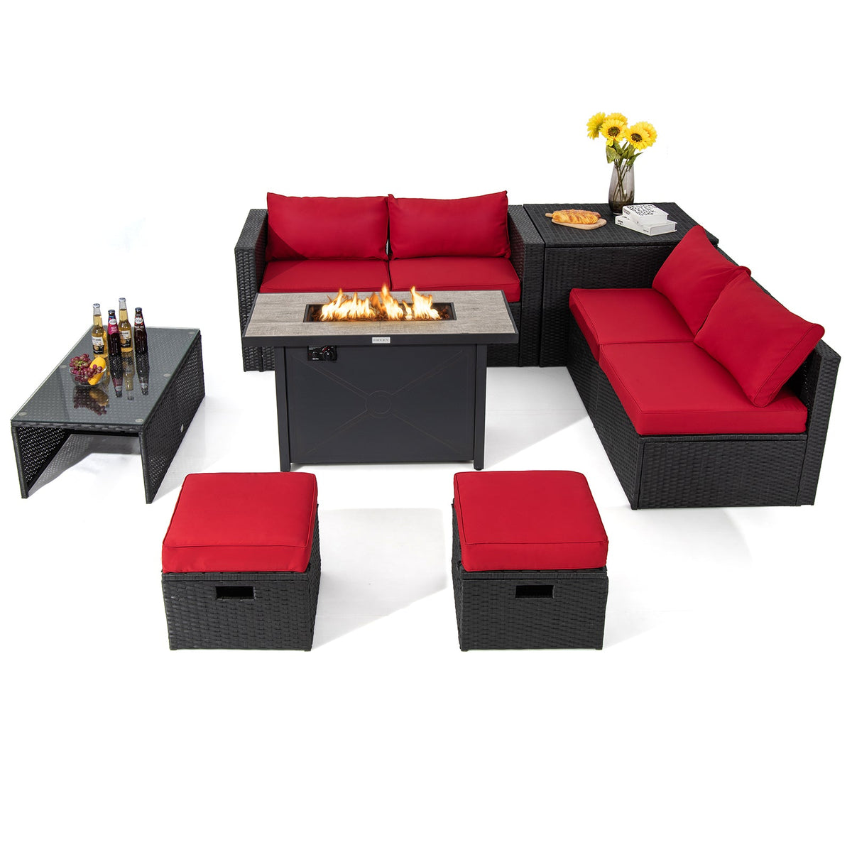 9-Piece PE Rattan Sectional Set with 42 in. Gas Fire Pit Table