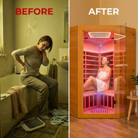 Multifunctional 2-3 Person Infrared Sauna for Home, 2180W Indoor Sauna with 7-Color LED Ambient Light, Red Light Feature, Oxygen Bar, Dual Bluetooth Speakers, 360° Surround Heating — Before & After