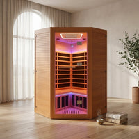 Multifunctional 2-3 Person Infrared Sauna for Home, 2180W Indoor Sauna with 7-Color LED Ambient Light, Red Light Feature, Oxygen Bar, Dual Bluetooth Speakers, 360° Surround Heating — Studio Shot