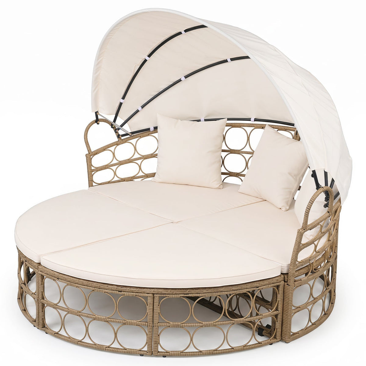 Convertible PE Rattan Patio Daybed with Retractable Canopy and Cushions