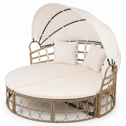 Convertible PE Rattan Patio Daybed with Retractable Canopy and Cushions