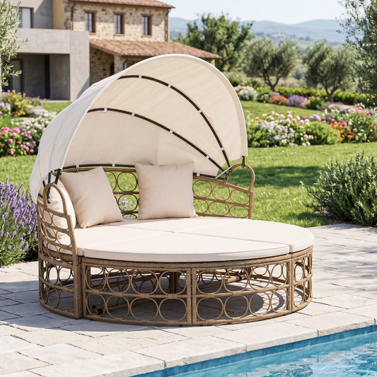 Convertible PE Rattan Patio Daybed with Retractable Canopy and Cushions