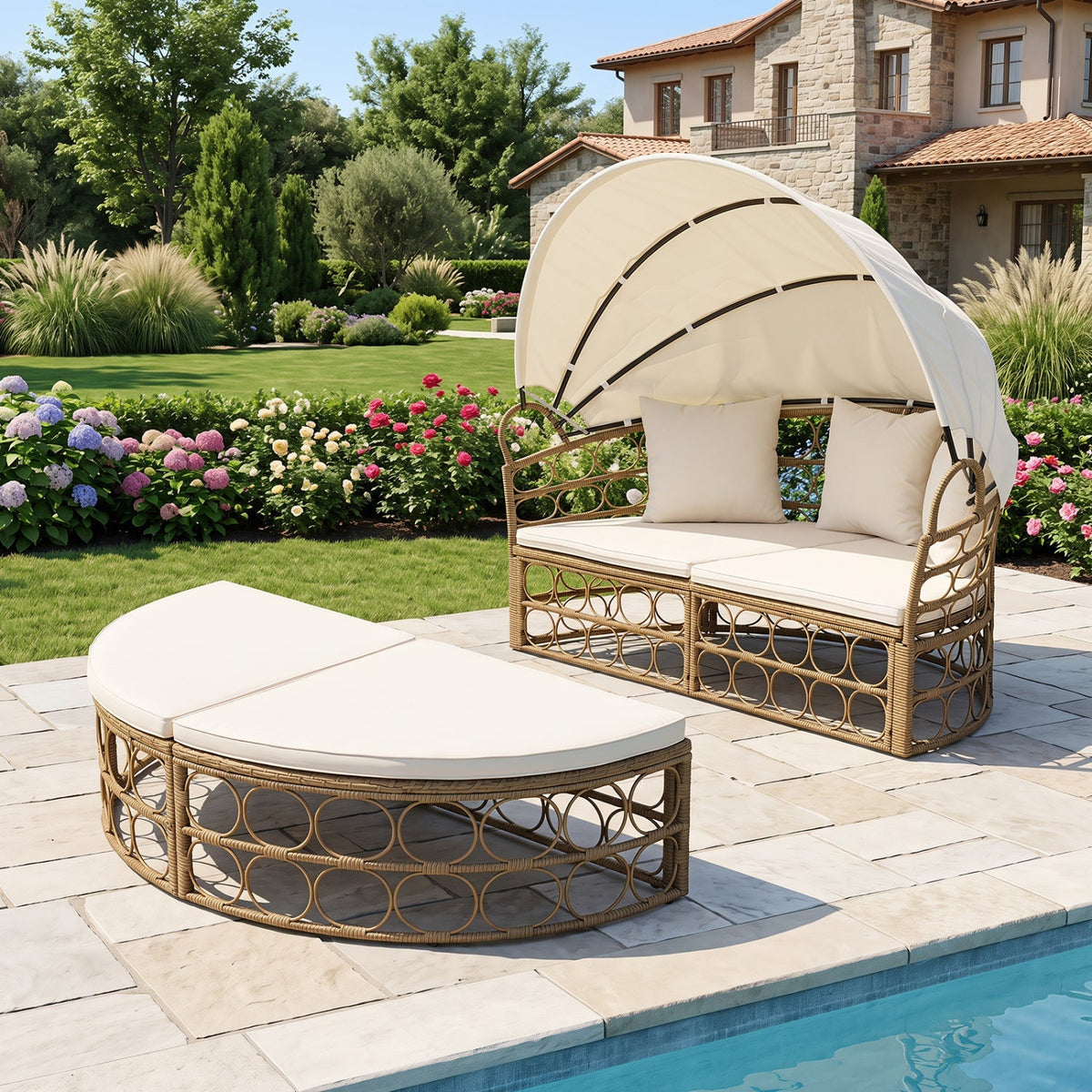 Convertible PE Rattan Patio Daybed with Retractable Canopy and Cushions