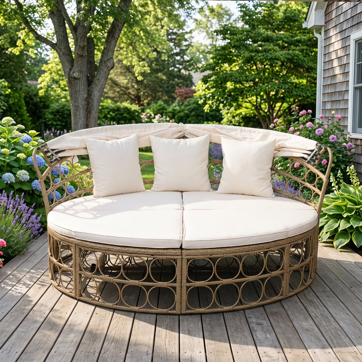 Convertible PE Rattan Patio Daybed with Retractable Canopy and Cushions