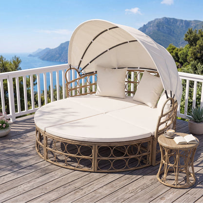 Convertible PE Rattan Patio Daybed with Retractable Canopy and Cushions