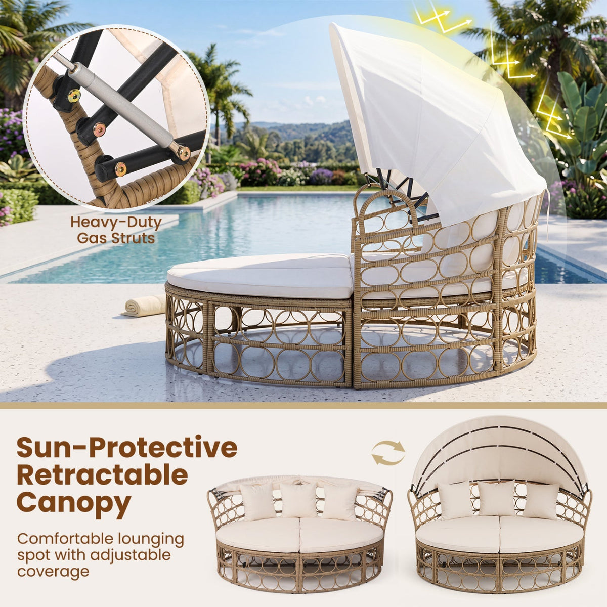 Convertible PE Rattan Patio Daybed with Retractable Canopy and Cushions