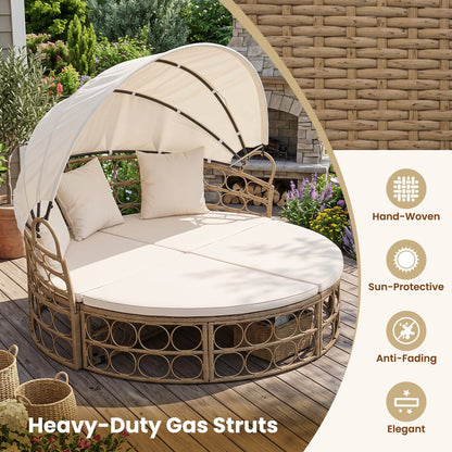 Convertible PE Rattan Patio Daybed with Retractable Canopy and Cushions