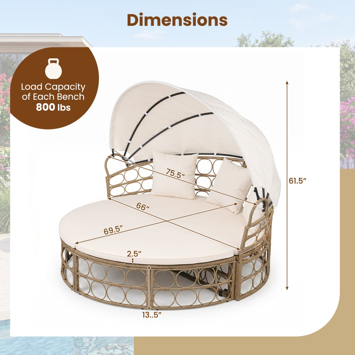 Convertible PE Rattan Patio Daybed with Retractable Canopy and Cushions