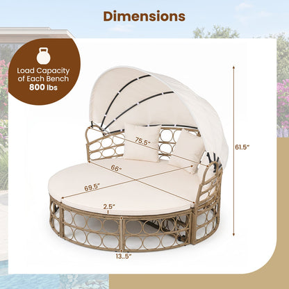 Convertible PE Rattan Patio Daybed with Retractable Canopy and Cushions