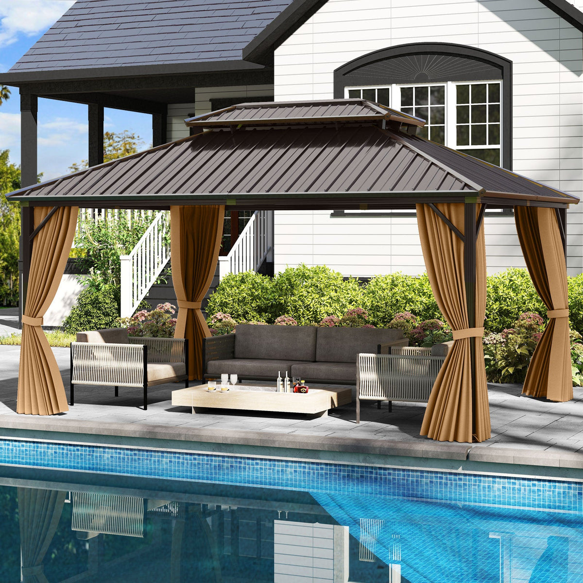 16' x 12' Hardtop Aluminum Gazebo with Curtains and Netting – Coffee