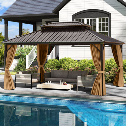 16' x 12' Hardtop Aluminum Gazebo with Curtains and Netting – Coffee