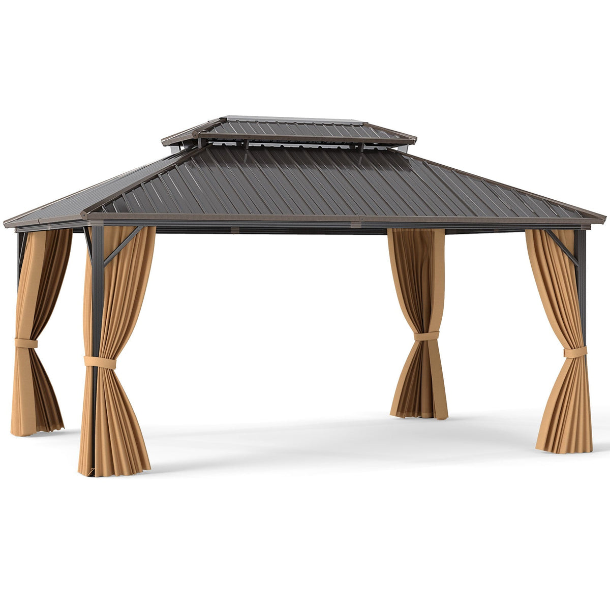 16' x 12' Hardtop Aluminum Gazebo with Curtains and Netting – Coffee