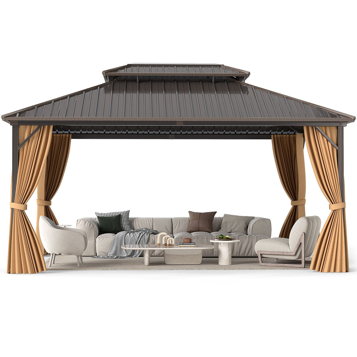 16' x 12' Hardtop Aluminum Gazebo with Curtains and Netting – Coffee