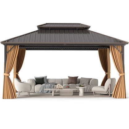 16' x 12' Hardtop Aluminum Gazebo with Curtains and Netting – Coffee