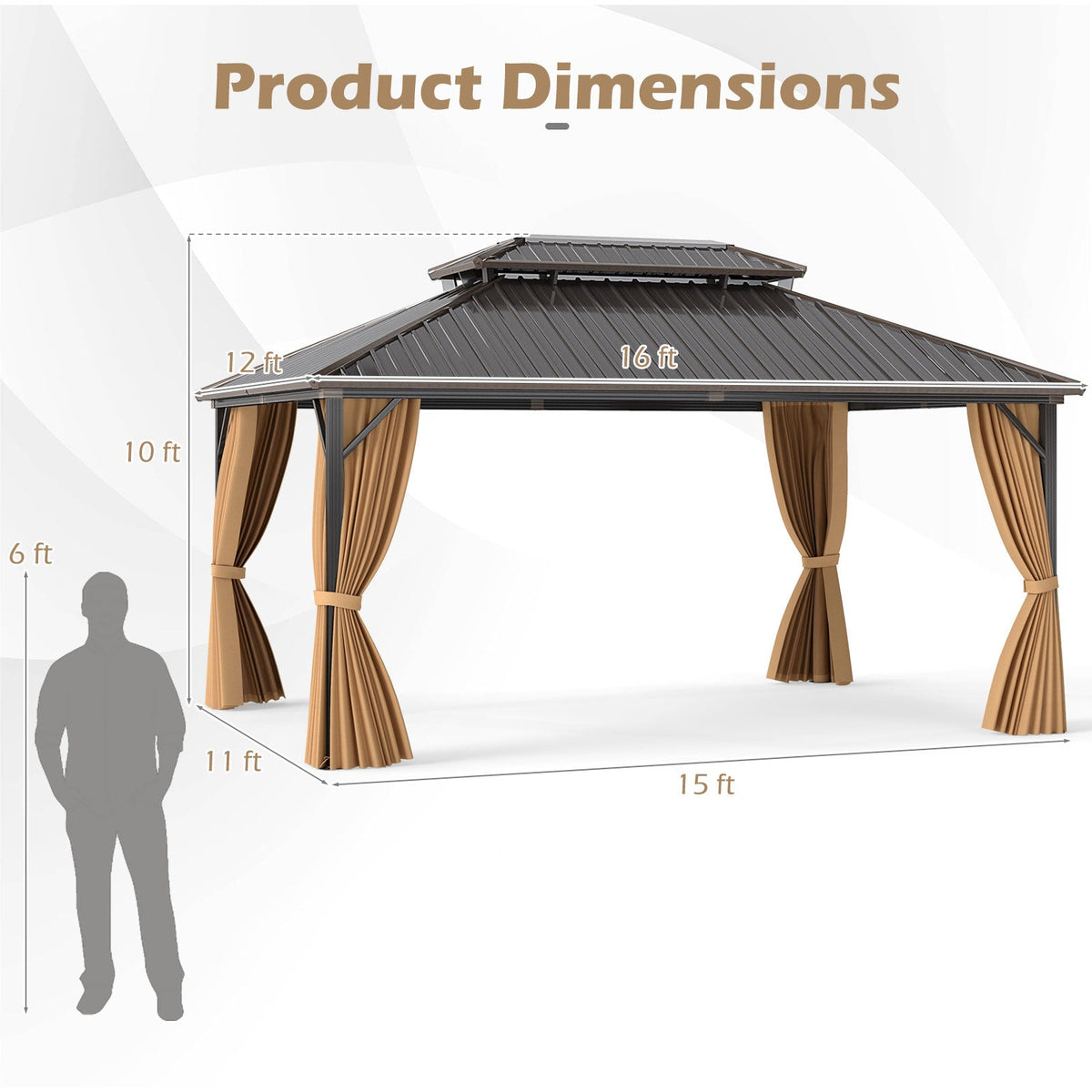 16' x 12' Hardtop Aluminum Gazebo with Curtains and Netting – Coffee