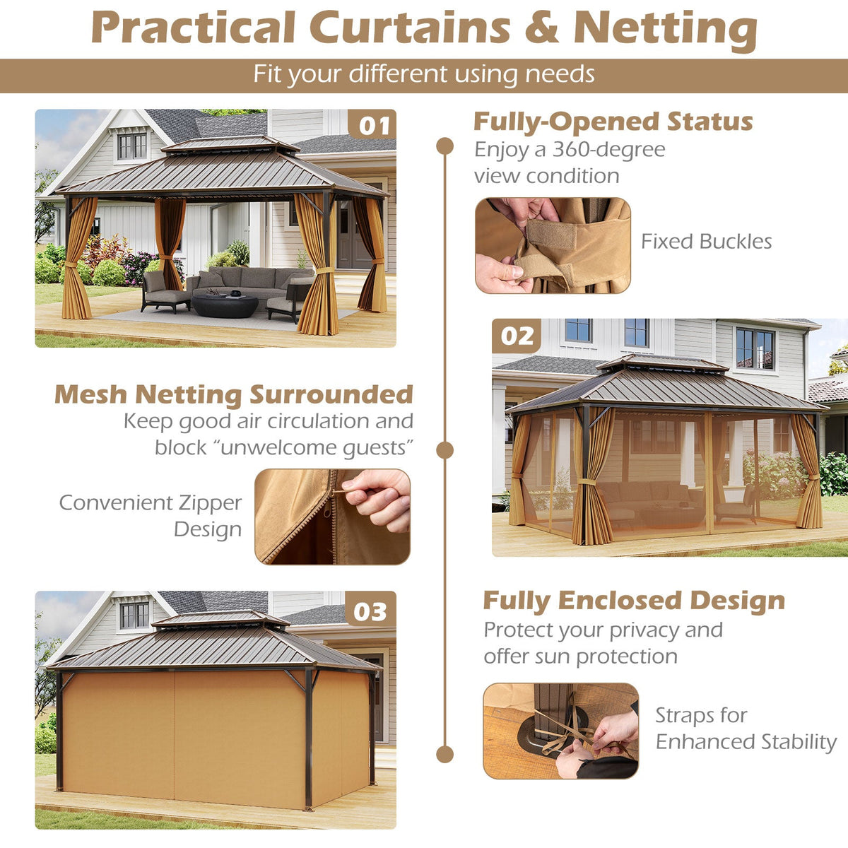 16' x 12' Hardtop Aluminum Gazebo with Curtains and Netting – Coffee