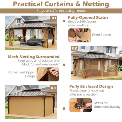 16' x 12' Hardtop Aluminum Gazebo with Curtains and Netting – Coffee
