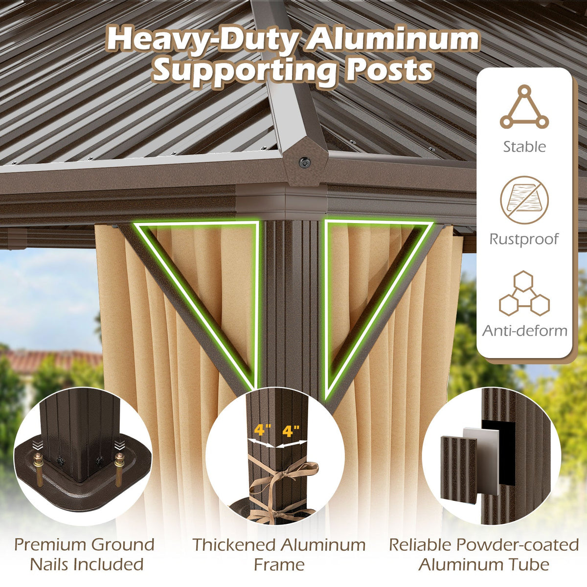 16' x 12' Hardtop Aluminum Gazebo with Curtains and Netting – Coffee
